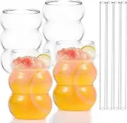 4 Pcs 18 oz Wavy Drinking Water Glasses Drinking Glasses with Glass Straws Wavy Shape Bubble Glass Cups Enduring Wavy Shape Vintage Ribbed Glassware Multipurpose Drinking Glasses Tumblers for Cockt