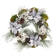 24 Inch Silver Poinsettia, Hydrangea and Pine cones Artificial Christmas Wreath