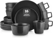 Coupe 16-Piece Stoneware Dish Set, Celina Service for 4, Black Plates and Bowls