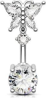 [OUFER] Belly Button Rings, Butterfly Belly Rings, 316L Surgical Steel Navel Rings, Clear CZ Belly Piercing Jewelry, Dangle Belly Rings For Women Men