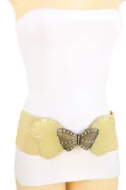 Women Gold Elastic Waistband Faux Leather Colorful Belt Butterfly Buckle Fit S M