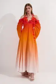 Ombre Applique Printed Cold Shoulder Woven Maxi Dress