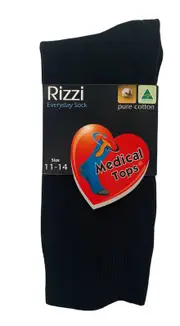 RIZZI Mens Black 6-11 & 11-14 Aust Made Pure Cotton Medical Loose Top Socks