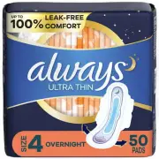 Ultra Thin Overnight Pads with Wings, Size 4, Overnight Absorbency, 50 CT