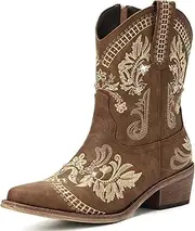 [Rivalran] Cowboy Boots for Women - Western Embroidered Cowgirl Boots with Sparkly Rhinestone, Pointed Toe Chunky Heel Side Zipper Vintage Short Booties, Women's Ankle High Fashion Retro Country