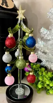 Vtg 11" Clear Green BLOWN GLASS Mirror XMAS TREE Star + Glass Ornaments FIGURINE