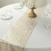 5 WHITE 11x108 in Organza Mesh Table Runner Rolls with Gold Foil Leaf Vines
