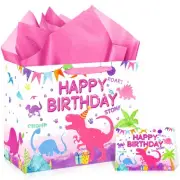 Pink Dinosaur Birthday Gift Bag for Girls Large Watercolor Dinosaur Happy Bir...