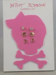 Betsey Johnson Goldtone Rhinestone Pig Smiley Face Initial D Stud Earrings 3 Set