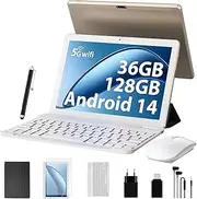 FORUSER Tablet 10 Inch 2024 Latest Android 14 Octa-Core 2.0GHz, 5G WiFi 6/36GB RAM + 128GB ROM (TF 1TB), 8000mAh, Battery/WLAN/Bluetooth 5.0/Tablet with Keyboard, Case (Gold)