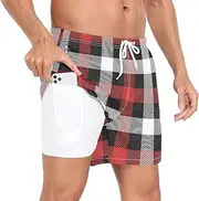 [GuoChe] Men Swim Trunks Mens 2In1 Workout Shorts Christmas Plaid Black Red with Pockets and Compression Liner Inseam Beach