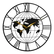 Yezi 60cm Modern Wall Clock World Map Big Roman Numeral Metal Silent Home Office