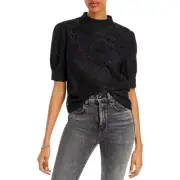 Aqua Womens Black Puff Sleeves Lace Overlay Shirt Blouse Top S BHFO 7622