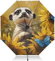 [PDZRMY] Meerkat Sunflower Butterfly UV Protection Travel Umbrella Compact for Rain and Sun - Auto Open and Close UPF 50+ Windproof Portable 46” Sun Umbrella for Women and Men