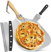 CasaCulina Pizza Peel Aluminum Pizza Spatula, 12 x 14 Inch Metal Pizza Paddle with Foldable Wooden Handle & Rocker Cutter, Pizza Peel Set for Family Pizza Oven Baking Pizza, Dough, Bread & Pastry