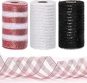 Tanstic 3 Rolls Mesh Ribbon, Christmas Deco Mesh Metallic Foil White Red Black Mesh Ribbon Rolls for Wreaths, Gift Wrapping, Party Decorations (6 Inch x 10 Yards Per Roll)