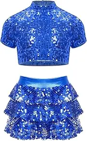 [Fldy] Girls Cheerleading Jazz Dance Costume Kids Sequins Sparkly Short Sleeve Crop Top with Skirts Sets