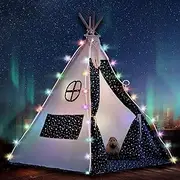 Indian Teepee Tent, Indoor Canvas Toddler Tent with Light Strings, Foldable Cotton Washable Tipi Tent for Home, Balcony (Star)