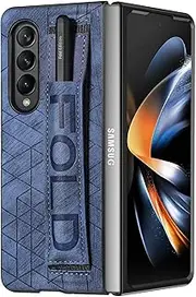 Asuwish Phone Case for Samsung Galaxy Z Fold 3 5G 2021 and Cell Accessories Leather Cover with S Pen Holder Slot Wrist Strap Protective Hard Rugged Hybrid ZFold3 Z3 Fold3 3Z ZFold35G Women Men Blue