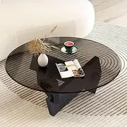 LIODUX Round Coffee Table, 80x80x31CM Mid Century Glass Coffee Table for Living Room, Vintage Unique Center Tables with Solid Wood Legs, Tempered Glass Top, for Small Spaces (Black)