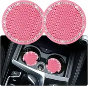 2PCS Bling Car Cup Coaster, 2.75 Inch Auto Cup Holder Insert Coasters Silicone Anti-Slip Crystal Rhinestone Drink Mat, Universal Vehicle Interior Accessories for Women Girls (Pink)