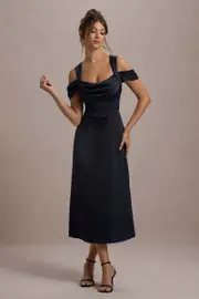 Sawyer | Navy Satin Draped Midi Dress