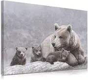 Grizzly Bear Wall Art Decor: Grey Bear Mama and Cubs Framed Pictures Woodland Animal Poster Snowy Winter Canvas Prints for Baby Kids Room Nursery Cabin Decorations Birthday Christmas Gift 32"x24"