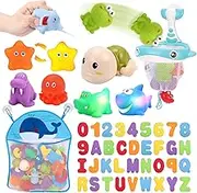 KaeKid Toddlers Bath Toy, Water Spraying Discoloration Light-Up Floating Animals Bath Toys Set, Foam Bath Letters and Numbers Bath Toy, Water Toys for Kids Boys Girls