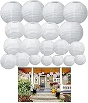 20Pcs White Paper Lanterns, 6" 8" 10" 12" Round White Paper Lantern Decorations with Hanging Line for Weddings Decoration, Indoor and Garden Party Decoration