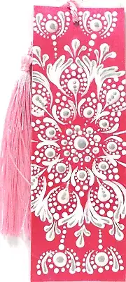 BOOKMARK MANDALA DOT PAINTING/WHITE PUFF PAINT/SILVER ON PEARLESCENT PINK