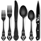 48 Pcs Black Silverware Set with Steak Knives, Gorgeous Retro Royal Silverwar...