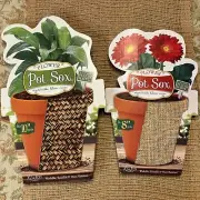 Two New 2012 Kimco Pot Sox Stretch Fabric Flower Pot Planter Cover Weave Burlap