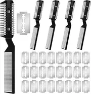 Yinkin 5 Pieces Razor Comb for Dogs Grooming Trimmer With 25 Extra Blades - Manual Pet Hair Cutting Tool for Cats - Double Edge (Black)