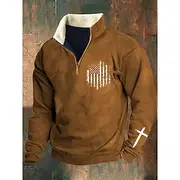 Men's Sweatshirt Quarter Zip Sweatshirt Navy Blue Brown Brown 2 Half Zip Color Block Cross American Flag Half Zip Print Sports Outdoor Daily Holiday Polyester
