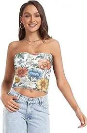 [RPLIFE] Vintage Watercolor Floral Crop Top for Women, Trendy Crop Tops, Sheer Tube Tops, Beach Tube Tops (S)