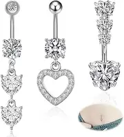 [Crrynuo] Belly Button Rings Set, 3 pcs Silver Belly Bar Surgical Steel Navel Bars,10mm Surgical Steel Dangling Belly Button Rings,Heart Navel Piercing Jewelry for Women, one size, Stainless Steel, no