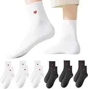 [Rienan] Tennis Socks with Motif 4 Pairs of Women's Heart Print Cotton Crew Socks, Tennis Socks Heart, Red Hearts Stylish Socks Suitable for Most Foot Sizes (White/Black), White, Small