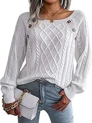 [SEAUR] Lightweight Pullover Sweaters for Women Long Sleeve Knit Sweater Casual Loose Pullover Jumper Tops Crewneck Solid Color Cable Knit Sweaters S White