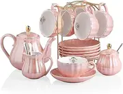 Porcelain Tea Sets British Royal Series, 8 OZ Cups& Saucer Service for 6, with Teapot Sugar Bowl Cream Pitcher Teaspoons and Tea Strainer for Tea/Coffee, Pukka Home (Coral Pink)