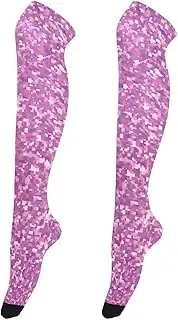 [Joitme] Purple Pixels Glitter Knee Socks, One Size Socks, Socks for Boots Women, Purple Pixels Glitter