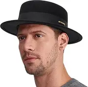 [KorhLeoh] Pork Pie Hat for Men Women, Short-Brim Wool Flat Top Hat Church Derby Cap Felt Boater Fedora