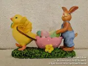 NEW EASTER FIGURINE CHICK WITH MR EASTER BUNNY & EGG SHAPE WAGON CART with EGGS