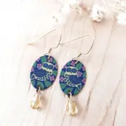 Lemon Tree Earrings Owl in Oval with Yellow Crystal Bead Lightweight Cute Unique