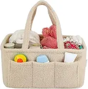 Baby Diaper Caddy Organizer – Soft Beige Sherpa with 3 Removable Compartments & 6 Side Pockets – Perfect Nursery Storage Bin & Car Organizer for Diapers, Baby Wipes, and Essential Supplies.