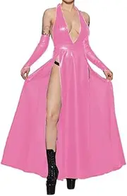 [EGEN] Sexy Halter Sleeveless High Split Slim Midi Dress PU Leather Dress with Gloves Slim Backless Long Dress Club Party Robe S-7XL (Medium,Pink,Medium)