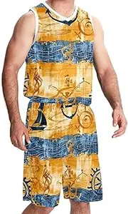 [KQNZT] Basketball Jersey with Shorts, Outfit Tank Top Track Shorts, Men's Athletic Basketball Jerseys, Retro Nautical Anchor The Waves