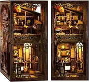 DIY Book Nook Kit 3D Wooden Puzzles for Adults, Miniature Coffee House Kit Book Nook Bookshelf Insert Decor with LED Lights Craft Kits