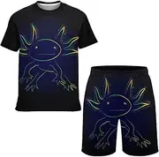 [DZUAIKIT] Stylized Rainbow Axolotl Boy's Short Sleeve T-Shirt and Short Kids Quick-dry Clothes Outfit Teen Short Set for 5-16T