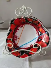 Artisan Fused Glass Semi Round Red 8" Black White Geometric Bowl 2" Deep Heavy