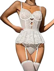 [FEOYA] Women's Sheer Mesh Garter Belt Corset Set Garter Lingerie Set Lace Bodysuit Sexy Suspenders Belt Garter Belt Lingerie Leotard Outfits Underwear